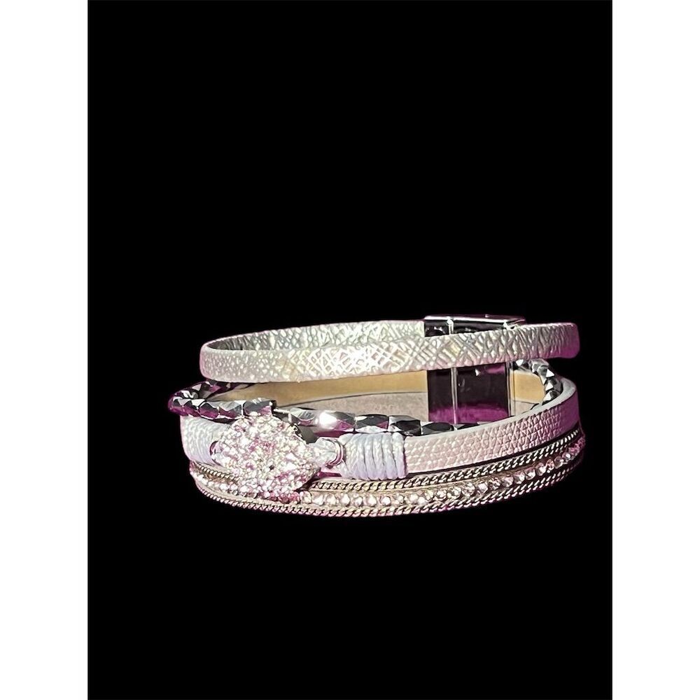 Boho Leather Wrap Bracelet with Rhinestones and Magnetic Clasp - Picture 9 of 13